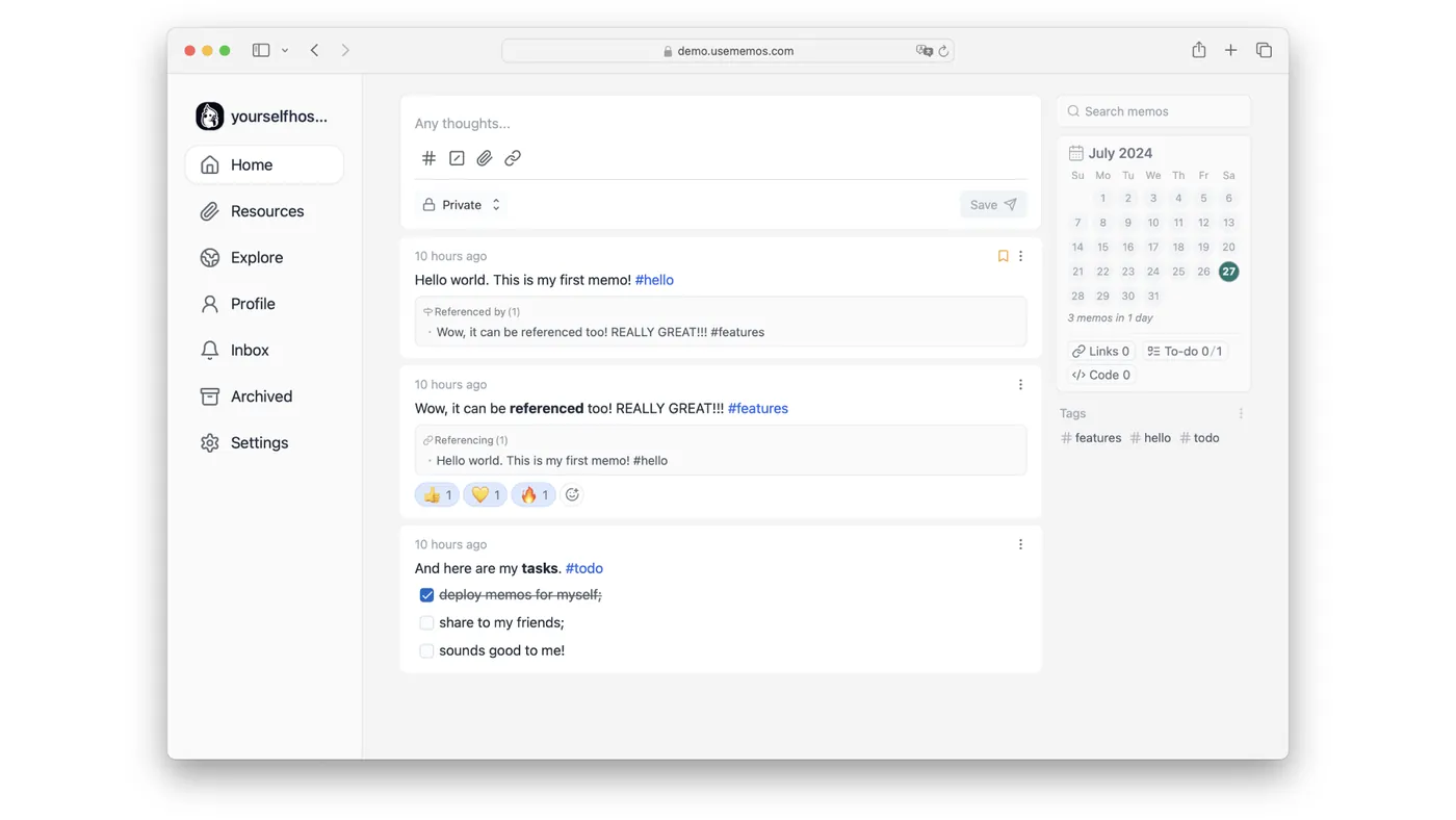 Interface minimaliste de l'application Memos