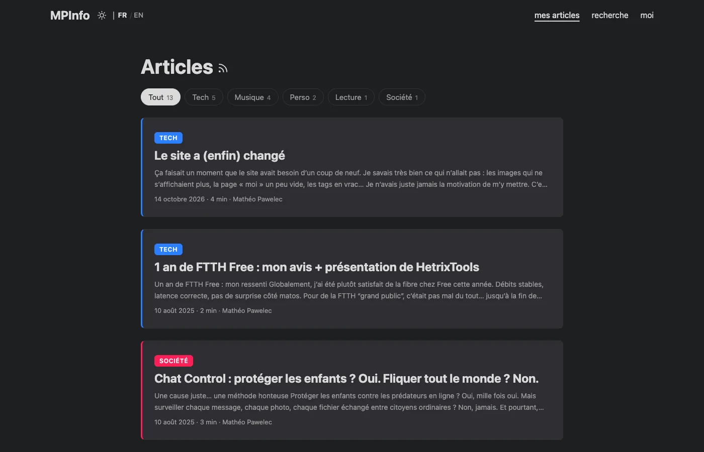 Liste des articles avec les filtres par catégorie en haut