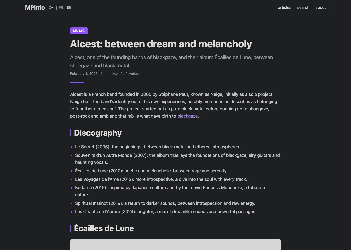 Top of the Alcest article, with the Music badge, the intro and the headings in violet