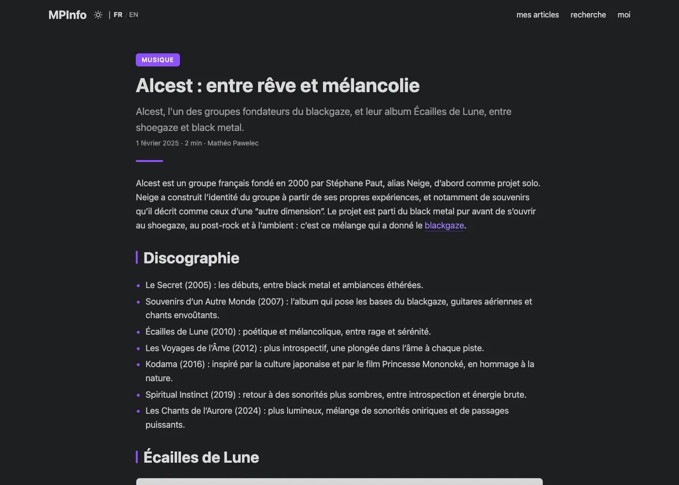 Haut de l'article sur Alcest, avec la pastille Musique, l'intro et les titres en violet