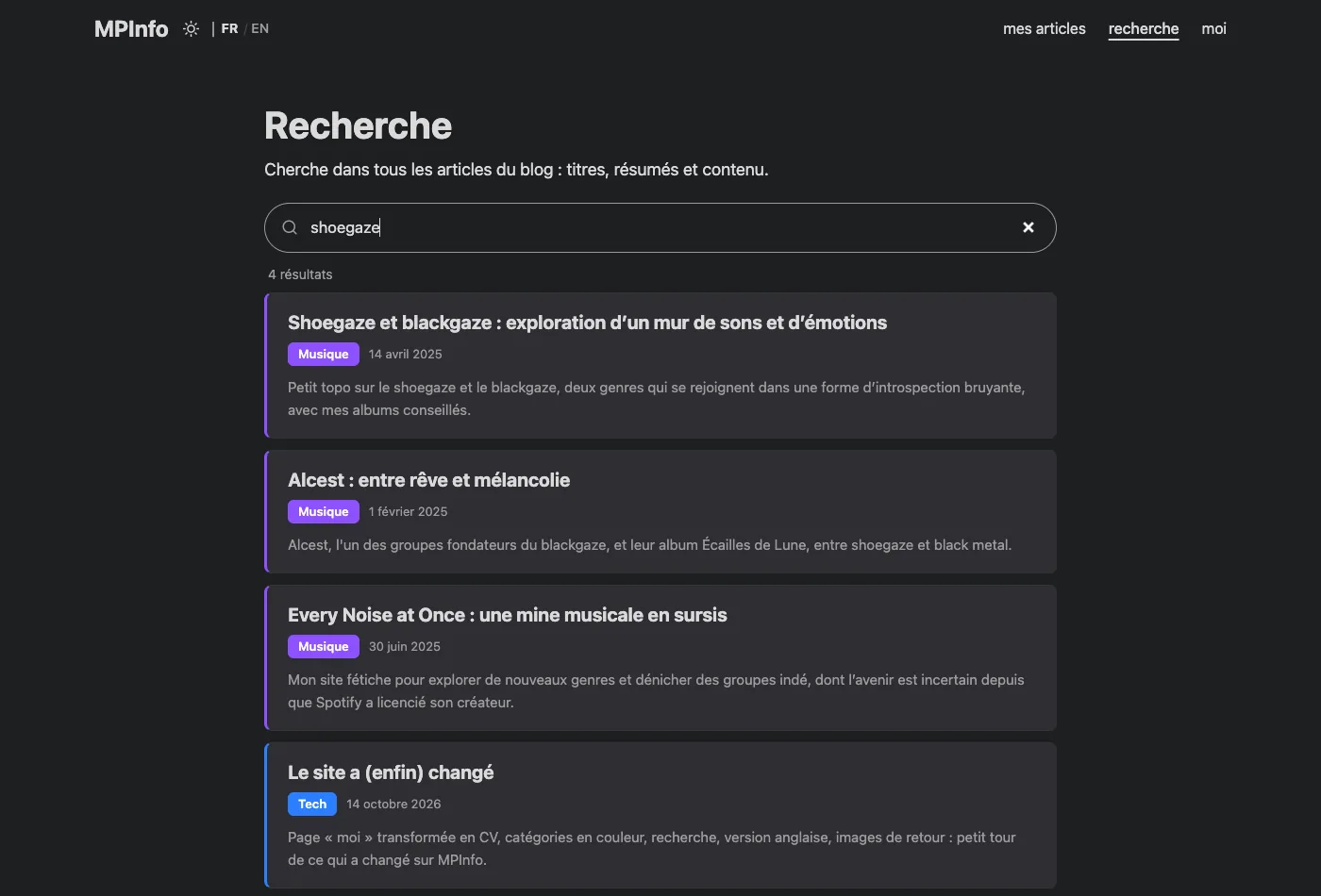 Page de recherche avec trois résultats pour shoegaze